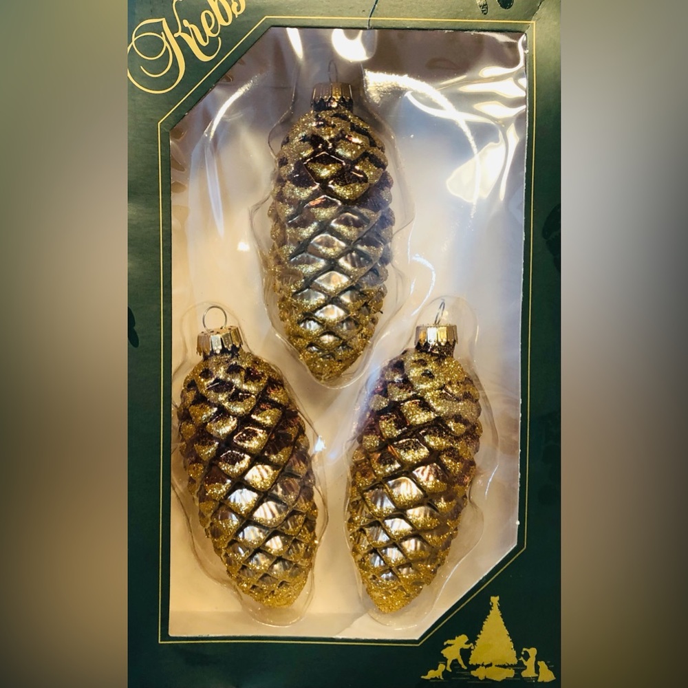 Krebs Christmas Ornament Set 3 Glass Glittery Gold Pinecones